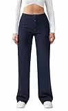Friptspyg Hose Damen Hohe Taille Weite Hose Knopf Gerades Bein Hose Casual Arbeit Hose Stretch Yogahose mit Taschen, Marineblau L