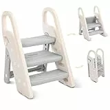Onasti Tritthocker für Kinder, 2 Stufen - 3 Stufen Höhenverstellbar Kinderschemel, Trittschemel für Baby, Lernturm mit Handhaben, Faltbar, Multifunktional, für Bad, Kleinkinderzimmer, Küche (Grau)