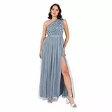 Maya Deluxe Damen Women's Maxi Ladies One Shoulder Sleeveless Floral Sequin Embellished Sash Tie Belt Tulle A-line Split Bridesmaid Dress, Dusty Blue, 44 EU