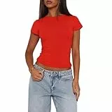 OOHOKAY Damen Basic T-Shirt Klassischer Schnitt Sommer Tee Shirts Kurzarm Crop Tops Y2K Slim Fit Oberteile Einfarbiges Elegant Tshirt(Rot-B,S)