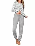 Uniexcosm Schlafanzug Damen Lang Zweiteiler Baumwolle Pyjama Set Rundhals Streifen Oberteil und Pyjamahose Winter Loungewear Hellgrau XXL
