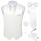 DiBanGu Herren Satin-Anzugweste und Krawatte, 8-teilig, solide Weste und Fliege mit Anstecknadel für Smoking, Kleid, Weste, Hochzeit, formelle Anlässe, Weiss/opulenter Garten, Small