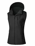 CMTOP Softshell Weste Damen Outdoor Fleece Gefütterter Westen Wasserdichte Winddichte Ärmelloser Jacke Leichte Gilet mit Kapuze, Mehrfach-Tasche für Sports Wandern Laufen(Schwarz,XXL