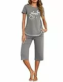 Terecey Schlafanzug Damen Kurzarm Pyjama Set Baumwolle Nachtwäsche Pyjamahose Rundhalsausschnitt Drucken Sleepwear 3/4 Lang Schlafhose Sommer Hausanzug Freizeitanzug, Schiefer Grau M