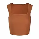 MOVE BEYOND Damen Tops Sexy U-Ausschnitt Tank top Sommer Gerippt Cami Basic Einfarbig Slim Fit, Braun, XL