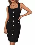 GRACE KARIN Damen Partykleider Wickelkleider Ärmellose Viereckiger Ausschnitt Knopf verschönert Cocktailkleider Businesskleider Kleider mit Gürtel Schwarz S
