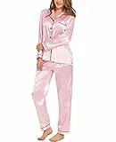 SWOMOG Schlafanzug Satin Damen Pyjama Lang Button Down Nachtwäsche Set Zweiteiliger Hausanzug Ladies Knopf Pjs Sets Frauen Seide Pyjamas Rosa