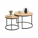 Soayone Couchtisch 2er Set, Moderne Couch Tisch mit Schwarz Metallgestell, Couchtisch Eiche, Couchtische Rund Schwarz, Living Room Table, Kaffeetisch, Wohnzimmertisch Holz 70x70x45 & 50x50x35 cm