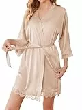 Balancora Damen Morgenmantel Bademantel Satin Sexy Kimono mit Taschen Kurz Robe mit Gürtel Nachthemd für Braut Nachtwäsche Mit Blumenspitze XL 1-a Champagner