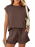 REORIA Damen Rundhalsausschnitt Jogginganzug Kurzarm Zweiteiler Trainingsanzug Hausanzug Sport Set Elegantes Outfit Lounge Set Kaffee S