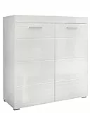 trendteam smart living - Amanda - Kommode - Weiß/Weiß Hochglanz - Schuhschank mit Platz für bis zu 16 Schuhpaare - (BxHxT) 91 x 97 x 38 cm - silberfarbene Griffe