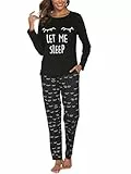 Reliwel Schlafanzug Damen Lang Baumwolle Pyjama Damen Rundhals Oberteil und Schlafanzughose Langarm Loungewear Sleepwear Hausanzug Nachtwäsche B#Schwarz, XL