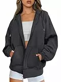 Timuspo Basic Hoodie Fleece Kapuzenpullover für Damen Langarm Oversize Sweatshirt Herbst Winter Sport Pullover mit Taschen Dunkelgrau M