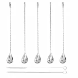 5 Stück Barlöffel Rühroffel Langer Cocktail Rührer Gin Löffel aus Edelstahl Professioneller Cocktailrührlöffel con Spiralmuster für Martinis, Kaffee, Bar, Cocktail Shaker mit 2 Pinsel