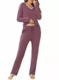 Lovasy Schlafanzug Damen Lang Winter Pyjama Set V-Ausschnitt Damenschlafanzug Langarm Loungewear Hausanzug mit Kordelzug und Taschen,Hellviolett,L