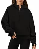 Friptspyg Hoodie Damen Kapuzenpullover aus Samt Langarm Winter Pullover mit Viertel-Reißverschluss und Große Tasche, Schwarz XS