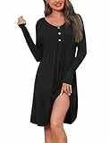 Crewhpo Nachthemd Damen Langarm Baumwolle Nachtwäsche mit V-Ausschnitt Nachthemden Winter Lang Sleepshirt Nachtkleid Schlafshirt Frauen Langärmeliges Schwarz L