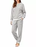 Niwicee Schlafanzug Damen Lang Pyjama Set Winter Fleece Hausanzug Kuschelige Warm Freizeitanzug Nachtwäsche Sleepwear Flauschig Zweiteiliger Oberteile Und Hosen mit Taschen (Grau, M)