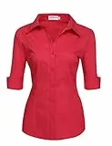 Hotouch Bluse Damen Baumwolle Hemd 3/4 Arm Business Blusen Sommer Tops Shirt Elegant Button Down Oberteile Freizeit Tops Rot S