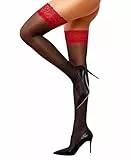 RSLOVE Halterlose Strümpfe Damen Sexy - Spitze Strapsstrümpfe Nylonstrümpfe mit Rutschfestem Silicone Schwarz und Rot L