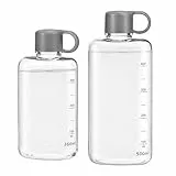 HEMOTON 2 Stück Flache Trinkflasche für Tasche & Rucksack, Eckige Wasserflasche Flach Auslaufsicher mit Griff, BPA-Frei Tritan Reise Trinkflasche Klein für Büro Sport Schule, Grau, 360ml/500ml