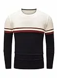 Meilicloth Pullover Herren Winterpullover Rundhals Gestreifter Kontrast Feinstrick Pullover Winter Männer Basic Strickpullover Rundhalsausschnitt Wollpullover Freizeitpullover Langarmshirt Weiß XXL