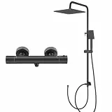 Auralum Schwarz Duscharmatur mit Thermostat, Duschsystem mit Quadratischer Regendusche (25x25cm), Handbrause, Thermostat und Höhenverstellbarer Duschstange, Edelstahl Duscharmatur Komplettset