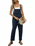 Vanchenl Damen Casual Lose Baumwolle Leinen Overalls Sommer Baggy Verstellbare Jumpsuits Strampler Haremshose (Blau,L)