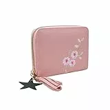 WisePoint Geldbörse Damen Leder, Kleiner Geldbeutel Damen Portemonnaie Damen mit Blumen Stickerei, Exquisite Kreditkartenhalter für Frauen und Mädchen (pink)