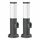 ledscom.de 2 Stück Pollerleuchte PORU mit Steckdose für außen, anthrazit, rund, 38,5cm, inkl. E27 Lampe, 471lm, extra-warmweiß