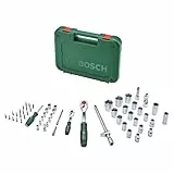 Bosch Ratschen Set 1/4' + 1/2', 57-teilig (Zwei robuste Ratschen; 55 Zubehöre; Hohes Drehmoment; Verriegelungsknopf; Intuitiver Richtungswechsel; Gebogener Hals; Ergonomischer Softgrip; Tragekoffer)