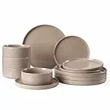 Richmount Nebula Geschirrset 4 Personen, 12-teiliges Teller Set und das Schüsselset, Sprenkel Steingut Geschirr Set, Tafelservice, Mikrowellen- & Spülmaschinenfest, Zimtbraun