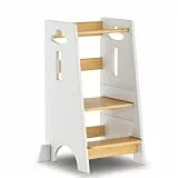 COSYLAND Lernturm ab 1 Jahr - Höhenverstellbarer Learning Tower für Kinder (3-stufig) - Montessori Lernturm mit Kippschutz & Massivholz (Weiß und Holz)
