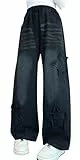 Panegy Baggy Ripped Jeans für Mädchen High Waisted Wide Leg Denim Hosen Teen Kids Lose Washed Jeans mit Taschen Casual Bootcut Hosen Schwarz 12-13 Jahre