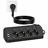 Ecksteckdose Flachstecker mit 2 USB C und 2 USB A, 4-Fach Steckdosenleiste Einzeln Schaltbar Mehrfachsteckdose Wandmontage 3680W 16A Mehrfachstecker, 2M Verlängerungskabel für Küche Büro (schwarz‌)