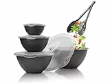 Hausfelder Salatschüssel Set groß mit Deckel und Salatbesteck, Schüsselset 0,7-6 l in Anthrazit Schwarz, große Schüsseln aus Kunststoff, Camping Geschirr (10-teilig mit Salatbesteck)