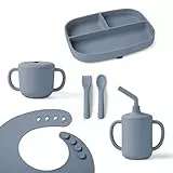 Ergobaby Kindergeschirr-Set Deluxe für Babys und Kleinkinder ab 6 Monaten, Baby Geschirrset mit 2 Bechern, Tablett, Lätzchen und Besteck, ohne BPA, PVC und Phthalaten, Soft Blue