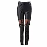 PRETYZOOM Gothic Punk Hose Röhrenhose Leder Leggings Spitze Spleißen Hoch Taillierte Leggings für Lady Woman (Schwarz)