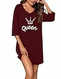 Bresdk Nachthemd Damen Langarm Schlafshirt Baumwolle Kurz Sleepshirt Kleid Lustiges Oversize Winter Nachtkleid Weinrot - Queen XXL