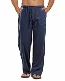 Kvruhuiy Männer Einfarbig Leinen Hose Freizeithose Strand Casual Hose mit Weitem Bein Herren Marine M