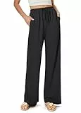 Glacspyg Damen Hosen Flowy Wide Leg Freizeithose Casual Beach Strandhose High Waisted Kordelzug Palazzo Hosen mit Taschen Schwarz XS