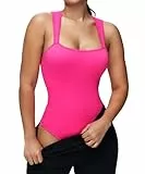 STARBILD Shapewear Damen Bauchweg Tanga, Bodysuit Eng Nahtlos Ärmellos, Formende Bodys Gerippte Jumpsuit Thong, Eckigem Ausschnitt - Rosa S