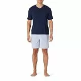 Amazon Essentials Herren Schlafanzug-Shorts Aus Baumwollpopeline Mit Baumwoll-T-Shirt, Marineblau/Thin Stripe, L