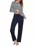 Bresdk Schlafanzug Damen Pyjama Set Lang Baumwolle Gestreift Winter Nachtwäsche für Damen Blau XXL