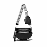 KUNKUN Bauchtasche Damen Brusttasche Schwarz Umhängetasche Damen Mittelgroß Crossbody Bag Damen Veganes Leder mit 5cm Breiten Schultergurt und Münzbörse