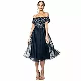 Maya Deluxe Damen Maya Deluxe Evening Women's Bardot Evening Midi High Sequins Cocktail Elegant Wedd Bridesmaid Dress, Navy, 46 EU