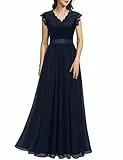 Dressystar Damen Abendkleid Elegant für Hochzeit Spitze Chiffon Lang Ballkleider Maxi Kleid Sommer Mädchen Cocktailkeider Marineblau L