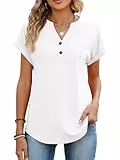 StylSense Tshirt Damen Sommer Baumwolle V Ausschnitt Bluse Kurzarm Tunika T Shirt Damen Elegant Oversize Oberteile Basic Tops mit Knöpfen
