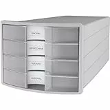 HAN Schubladenbox IMPULS 2.0 mit 4 geschlossenen Schubladen für DIN A4/C4 inkl. Beschriftungsschilder, Auszugsperre, möbelschonende Gummifüße, premium Qualität, 1012-63, lichtgrau/transluzent-klar