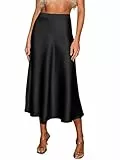 CUPSHE Damen Satin Midirock Elegant A-Linie Hochtailliert Leicht Meerjungfrau Rock Für Büro Abend Freizeit Black M